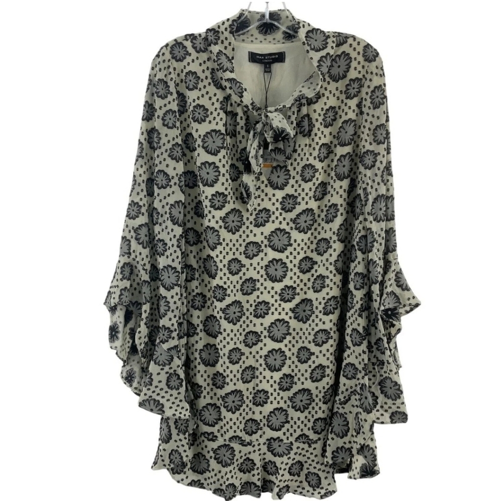 Max Studio Womens Cream & Gray Floral Ruffled. Knee Lenght Shift Dress. Size XL